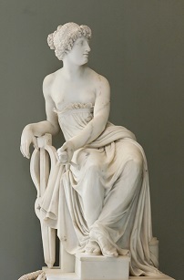 Sapho appuyée sur sa lyre tenant une lettre adressée à Phaon, par Claude Ramey. Le plâtre fut exposé au salon de 1796, et sculpté en marbre en 1800, musée du Louvre