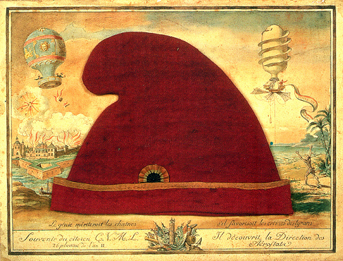 Le bonnet rouge de la liberté entre les deux rives de l'Atlantique ; le drapeau tricolore de la Déclaration des droits de l'homme et du citoyen