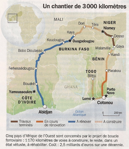 Boucle ferroviaire : Côte d'Ivoire, Burkina Faso, Niger, Bénin et Togo. Vincent Bolloré. Challenges n°460, p. 50.