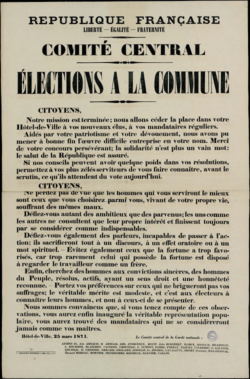 Appel aux électeurs parisiens, daté du 25 mars 1871 et rédigé par les membres du Comité central de la Garde nationale