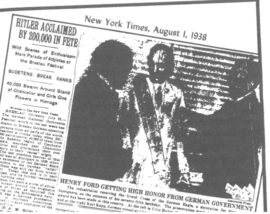New York Times du 1er août 1938. Henry Ford recevant la Grand-Croix de l'Aigle allemand.