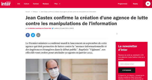 Jean Castex confirme la création d'une agence de lutte contre les manipulations de l'information- France Inter - 13 juillet 2021