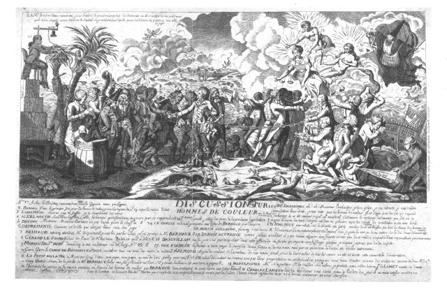 Estampe intitulée « Discussion sur les hommes de couleur », datée de mai 1791, sans nom d'auteur, eau-forte, 23 x 48 cm.